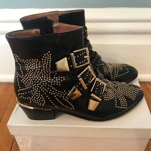 Black Stud Buckle Strap Ankle Boots